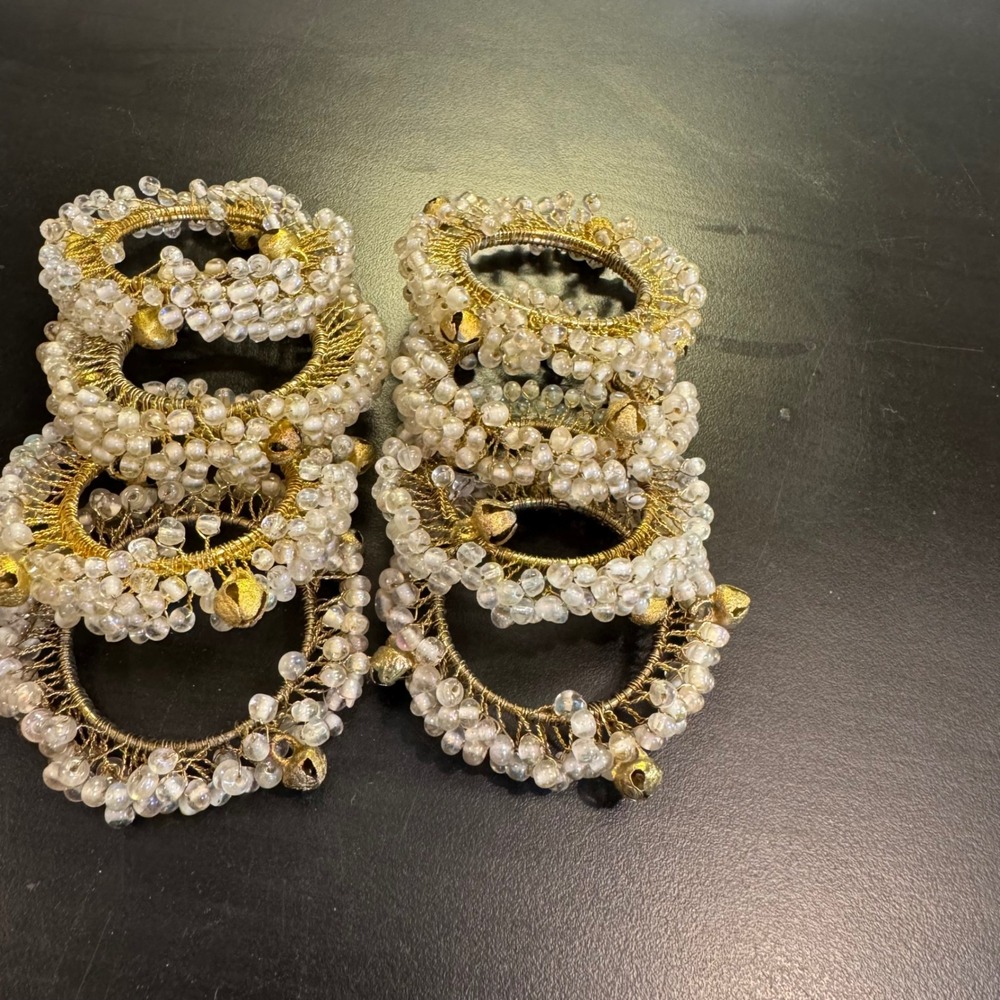 Beaded Napkin Rings Set of 6 Gold Clear Glass Wire Woven Bell Accents Boho 2.5"